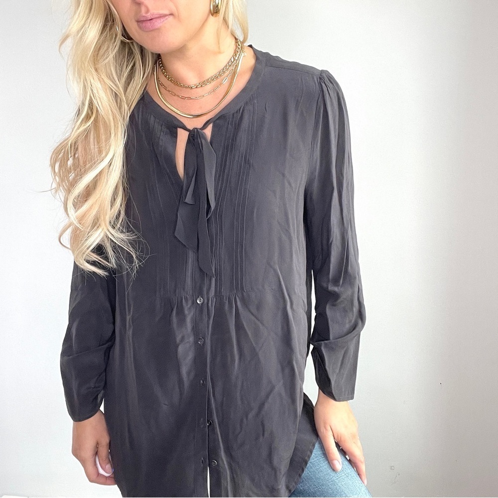 Anthropologie Charcoal Tie-Neck Pintuck Blouse